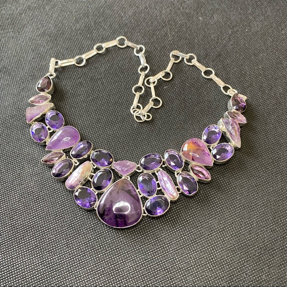 Charoite Necklace with Faceted Amethyst, Charoite and Biwa Pearl Bib Necklace - Picture 6 of 16